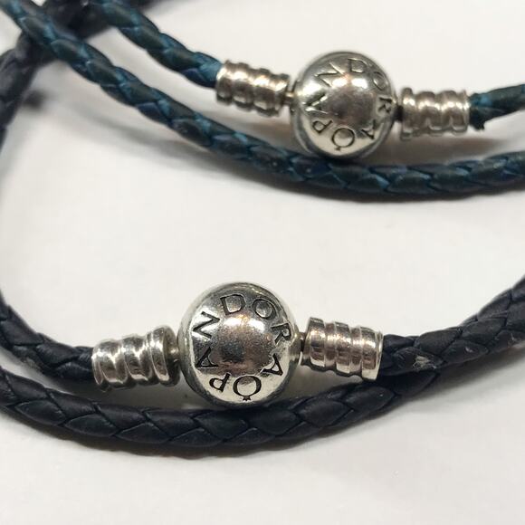 Pandora ALE 925 Sterling Silver Round Clasp Braided Leather Double Bracelet Set - Picture 5 of 9